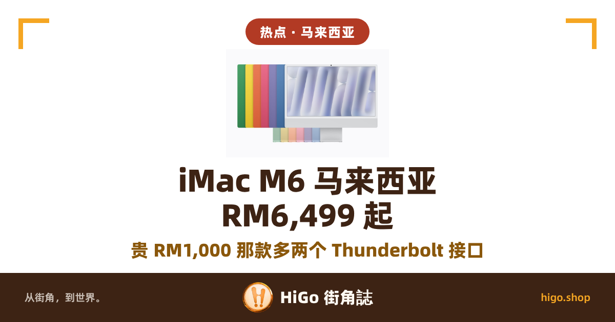 封面以 Apple 官方的 iMac 产品图为底,浅灰背景上是彩色的 24 吋 iMac;文字:大字两行「iMac M6 马来西亚」「RM6,499 起」,副行「贵 RM1,000 那款多两个 Thunderbolt 接口」。