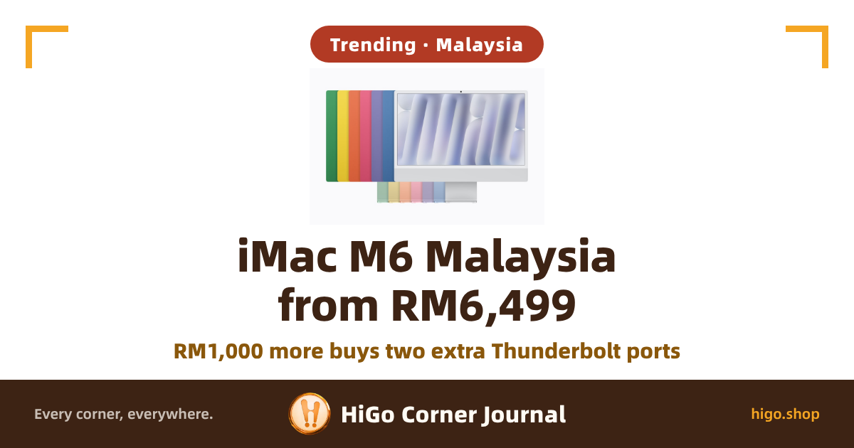 The cover is built on Apple's official iMac product image: coloured 24-inch iMacs on a light grey background. Text: large type on two lines, “iMac M6 Malaysia” and “from RM6,499”, with a line below reading “The RM1,000 model adds two Thunderbolt ports”.