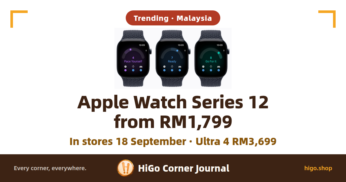 Three Apple Watch Series 12 side by side, their screens reading 4 (Pace Yourself), 7 (Ready) and 8 (Go For It), with the headline Apple Watch Series 12 from RM1,799