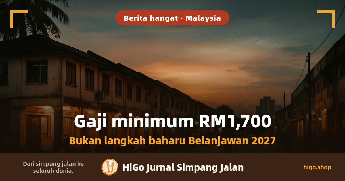Ilustrasi: sederet rumah kedai dua tingkat pada waktu senja dengan cahaya kuning suam di muka pintu, pelepah kelapa menjuntai di penjuru kiri atas, permukaan jalan memantulkan cahaya, sebuah bangunan tinggi di kejauhan sebelah kanan dan jalur jingga di kaki langit; teks: Gaji minimum RM1,700, dan di bawahnya: Bukan langkah baharu Belanjawan 2027