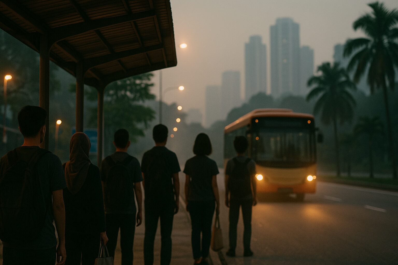 Ilustrasi: sebuah perhentian bas pada awal pagi, enam orang membelakangi kamera menunggu di bawah bumbung perhentian dan di tepi jalan, seorang bertudung, dua orang masing-masing menjinjing sebuah beg kain berwarna cerah dan tiga orang berbeg galas, sebuah bas menghampiri dengan lampu besar menyala, deretan lampu jalan, serta bangunan tinggi berkabus dan pokok kelapa di kejauhan