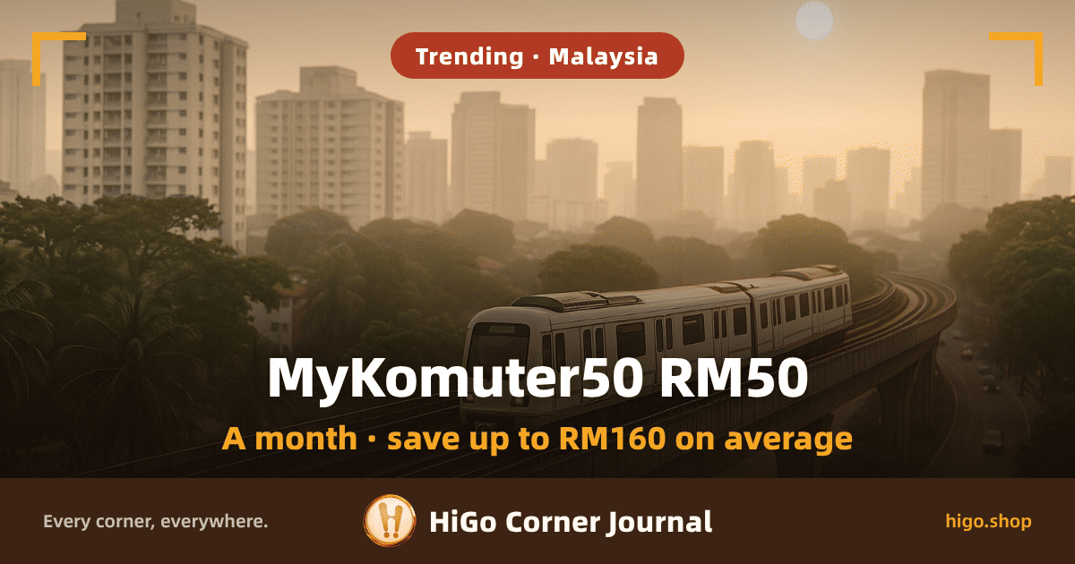 Illustration: an elevated railway at golden hour, a plain white train carrying no markings running along the viaduct, a dual carriageway below with a few cars on it, coconut palms and low rooftops to the left, hazy high-rise towers in the background and a pale sun near the horizon, the whole scene in warm gold; text: MyKomuter50 RM50, and below it: A month · save up to RM160 on average