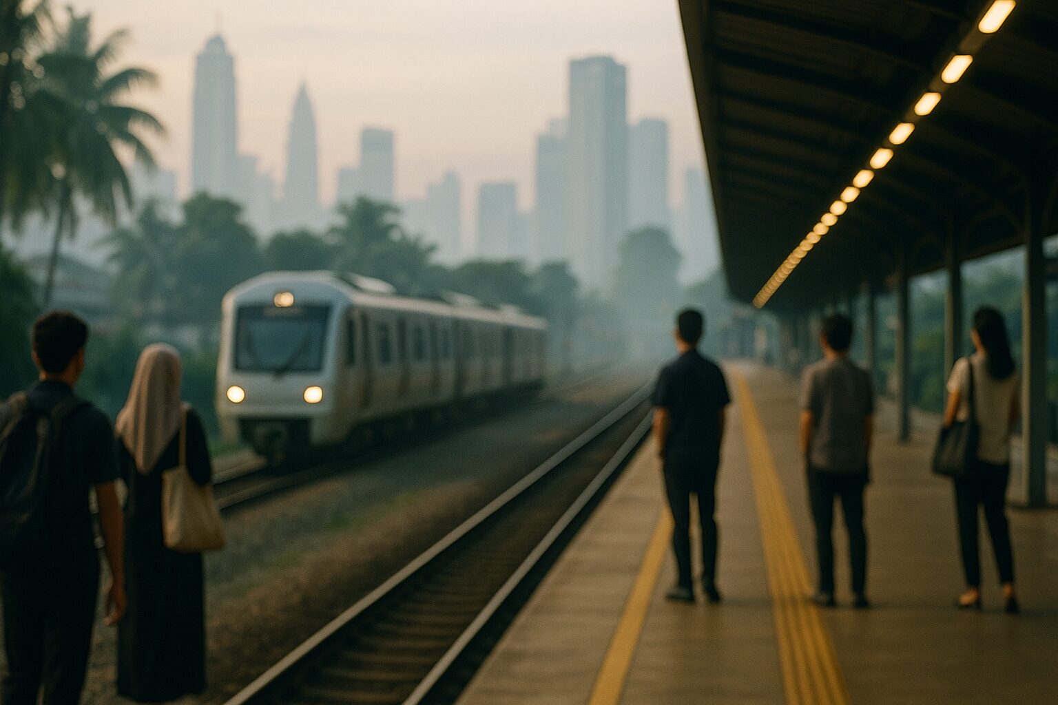 插画：清早的通勤铁路月台。画面左前方两个背对镜头的人站着等车，一人背着深色背包，另一人戴浅色头巾、挎着浅色布袋；右边月台上另有三个背对镜头的人站在黄线旁，其中一人挎着手袋；中间的轨道上一列白色列车亮着车头灯从远处驶近；右上方是月台顶棚与一排连成串的灯；远处是雾气里的高楼轮廓与椰树