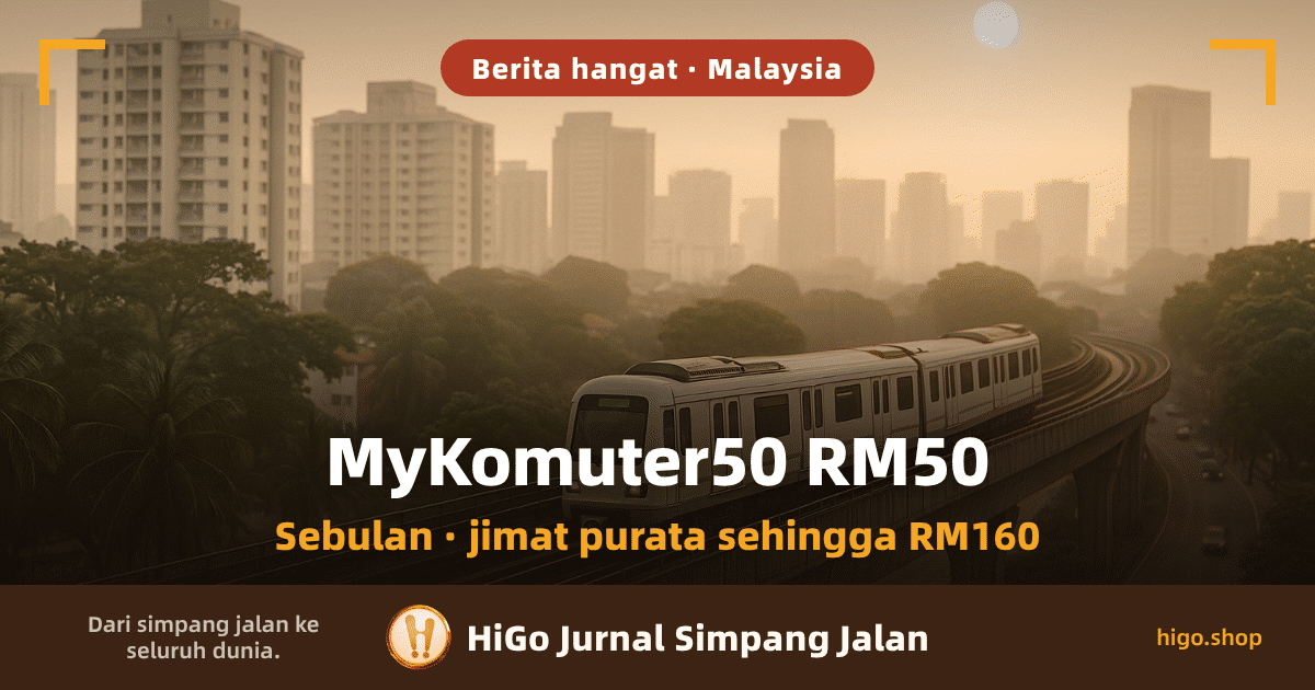 Ilustrasi: landasan rel bertingkat pada waktu senja, sebuah tren putih tanpa sebarang tanda meluncur di atas jejambat, di bawahnya jalan dua hala dengan beberapa buah kereta, pokok kelapa dan bumbung rendah di sebelah kiri, deretan bangunan tinggi dalam jerebu di latar belakang serta matahari pucat dekat kaki langit, keseluruhan gambar bernada emas hangat; teks: MyKomuter50 RM50, dan di bawahnya: Sebulan · jimat purata sehingga RM160