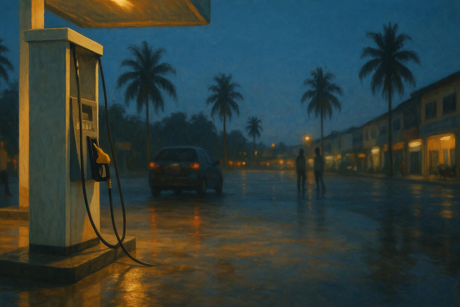 插画：黄昏的加油站，前景一台没有任何标识的油泵，油枪插在泵上、油管垂到地面；地面湿着，反着棚顶的暖黄灯光；中景一辆车亮着尾灯，车的右侧有两个人影并肩站着，远处是椰树、路灯和一排亮着灯的店屋，天色深蓝；最左边油泵后面还有一个被裁掉一半的人影