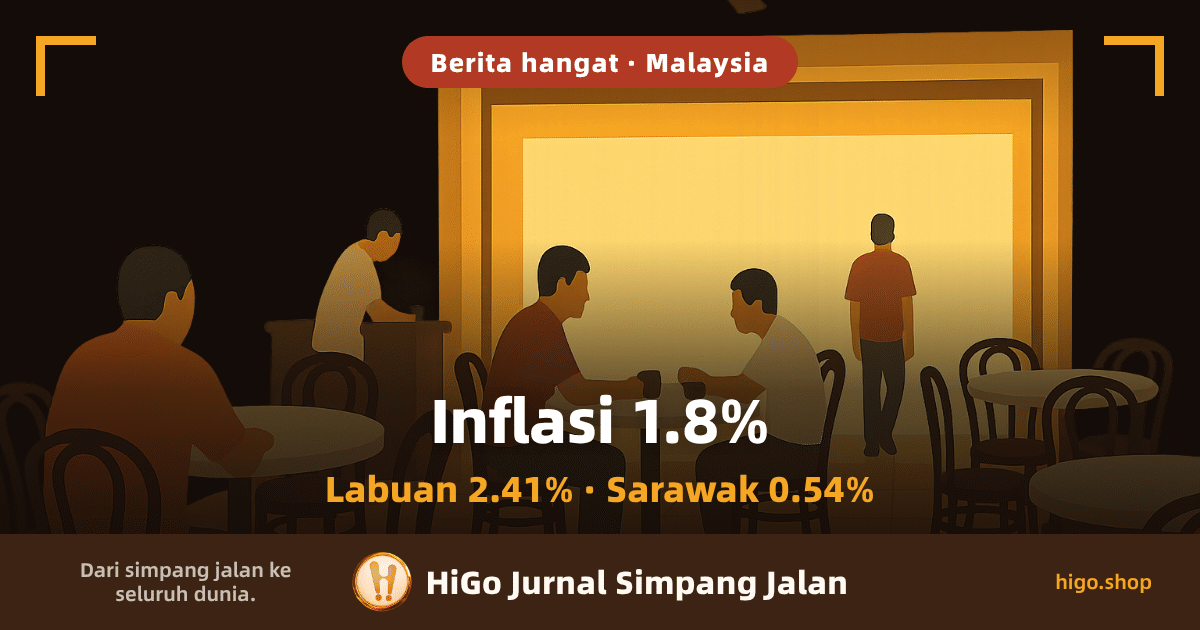 Ilustrasi: ruang dalam sebuah kedai kopi tradisional pada waktu malam, dilukis dengan gradasi lembut di atas latar coklat gelap, dengan cahaya memancar keluar dari muka kedai yang luas di tengah dalam bingkai oker berlapis; dua pelanggan duduk berhadapan di sebuah meja di hadapannya, seorang lelaki berbaju jingga melangkah ke arah pintu, seorang lagi berpakaian cerah berdiri di belakang kaunter di sebelah kiri belakang, dan beberapa pelanggan lain duduk di meja bulat pada kerusi kayu lengkung gelap dalam bayang. Teks: label di bahagian atas tertera Berita hangat · Malaysia; di tengah, Inflasi 1.8%; di bawahnya, Labuan 2.41% · Sarawak 0.54%; jalur di bahagian bawah membawa Dari simpang jalan ke seluruh dunia., lambang bulat HiGo, HiGo Jurnal Simpang Jalan dan higo.shop