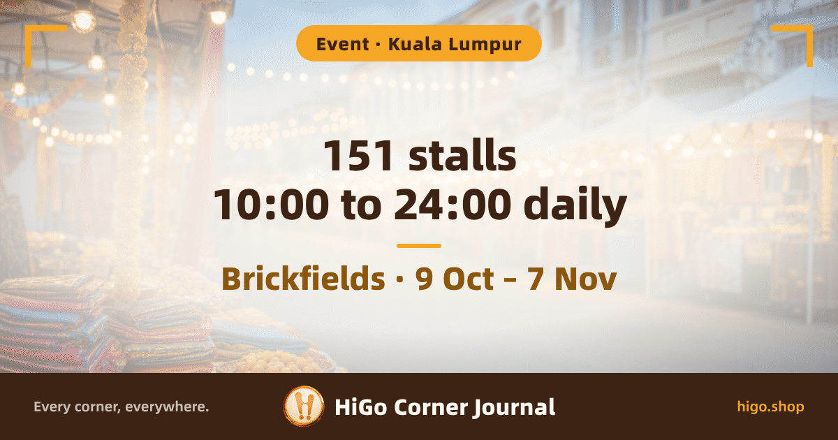 Cover is an AI illustration of a street bazaar at dusk: in the left foreground a cloth-covered stall table with lit clay oil lamps, stacks of colourful textiles and baskets of sweets; marigold garlands and warm string lights hang from the tent frame, a row of white-topped stalls stands on the right, with out-of-focus shophouses and a deep blue sky behind; text: 151 stalls 10:00 to 24:00 daily; Brickfields · 9 Oct – 7 Nov