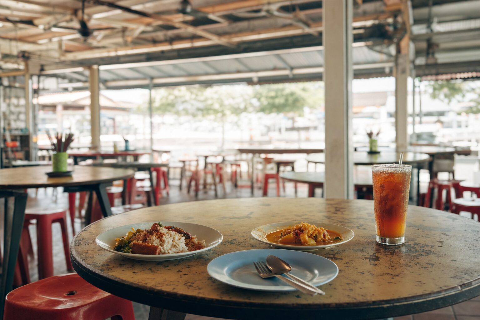 Sebuah meja di pusat penjaja Malaysia pada waktu makan tengah hari, dengan beberapa pinggan nasi dan lauk serta segelas minuman ais, bangku plastik di sebelahnya; tiada orang, logo atau teks dalam gambar.
