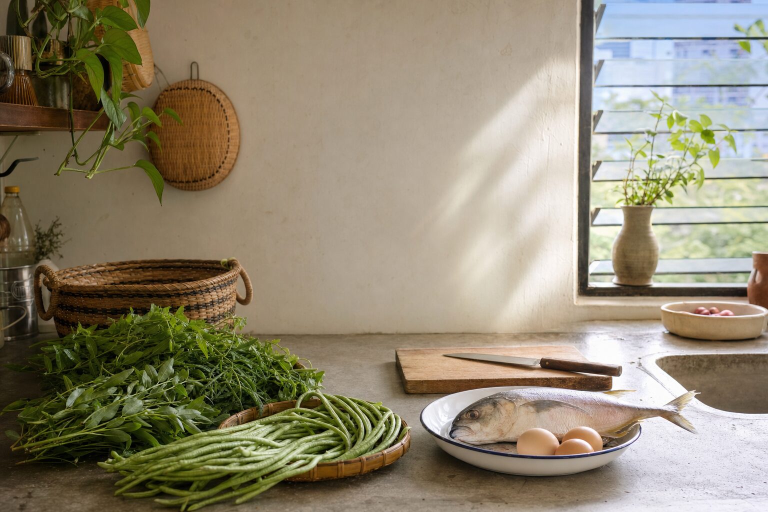 Kaunter dapur rumah dengan sayur, telur dan ikan yang baru dibeli, bersama sebuah bakul; cahaya matahari tropika masuk dari tingkap, tiada orang, logo atau teks dalam gambar.