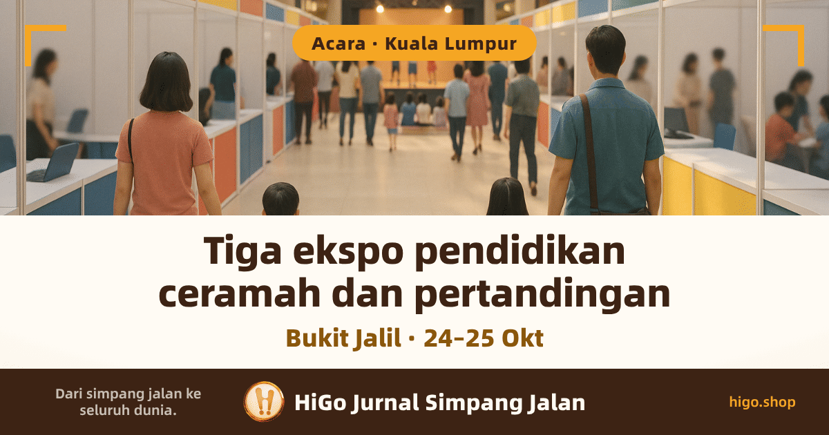 Bahagian atas ialah ilustrasi AI: sebuah dewan pameran di dalam pusat beli-belah, dua baris gerai berdinding putih dengan panel biru, merah dan kuning, beberapa ibu bapa berpimpin tangan dengan anak, dilihat dari belakang, menuju pentas kecil di hujung dewan tempat beberapa kanak-kanak membuat persembahan, dengan cahaya siang dari tingkap bumbung; bahagian bawah ialah jalur teks putih suam. Tulisan: label bucu bulat di atas tertera “Acara · Kuala Lumpur”, tajuk besar “Tiga ekspo pendidikan” dan “ceramah dan pertandingan”, baris kecil “Bukit Jalil · 24–25 Okt”, dan di bahagian bawah “Dari simpang jalan ke seluruh dunia.”, “HiGo Jurnal Simpang Jalan” serta “higo.shop”.