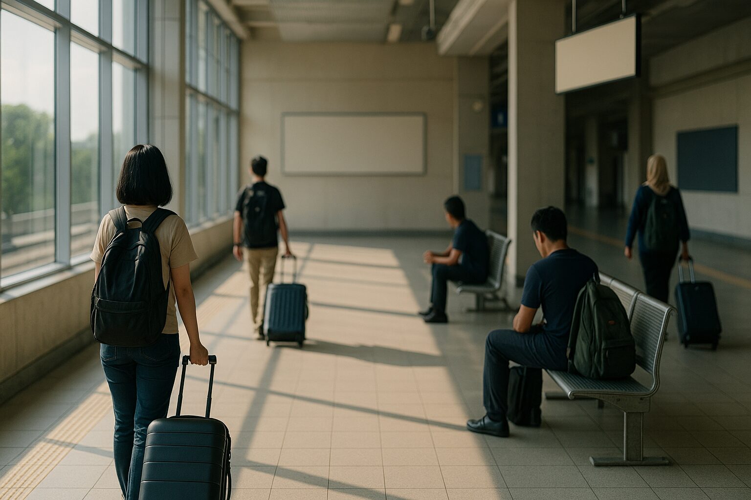 AI 生成图像：明亮的车站候车廊，左边一整排落地玻璃窗把阳光洒在米色地砖上；前景一名短发旅客背对镜头，背着黑色背包、拉着深色行李箱，中间另一人背对镜头拖着行李往里走，右边几个人坐在金属长椅上等车，侧对或低头，脸上没有可辨认的特征；最右边还有一名戴头巾的旅客背对镜头，背着背包、拖着行李箱。墙上的白色板面、右墙一块深蓝色板和右上角的灯箱都是空白的；中间柱子旁有一块很小的蓝色牌子，图案看不清。画面里没有列车、没有可辨认的文字和标志。