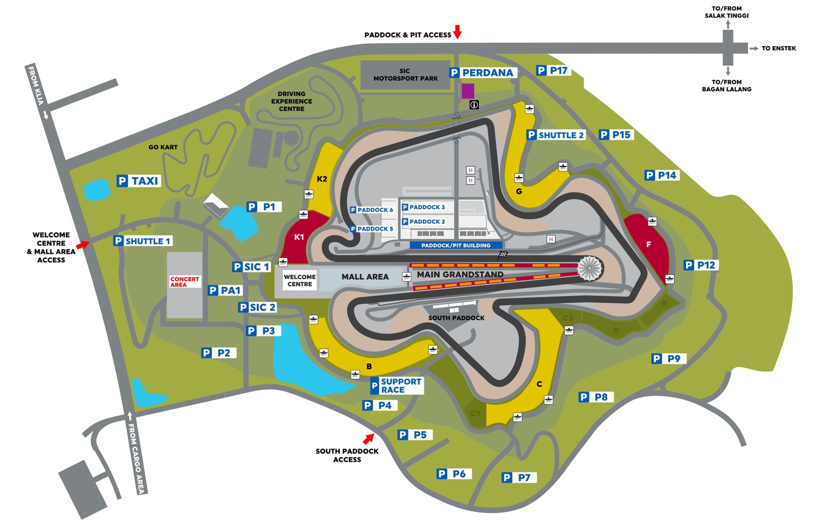 Official map from the organiser: an aerial diagram of Sepang International Circuit, the track in dark grey, the surrounding grass green, the grandstands picked out in red and yellow, with white-on-blue P signs dotted around the outside of the circuit; text: the stands are labelled MAIN GRANDSTAND and K1, K2, B, C, F, G, the car parks are marked P1 to P9, P12, P14, P15 and P17, and the map also marks PERDANA, TAXI, SHUTTLE 1, SHUTTLE 2, SIC 1, SIC 2, PA1, SUPPORT RACE, PADDOCK 2, PADDOCK 3, PADDOCK 5, PADDOCK 6, an arrow reading FROM KLIA at the top left, FROM CARGO AREA at the bottom left, and WELCOME CENTRE, MALL AREA, CONCERT AREA, GO KART, DRIVING EXPERIENCE CENTRE, SIC MOTORSPORT PARK, SOUTH PADDOCK and PADDOCK/PIT BUILDING.