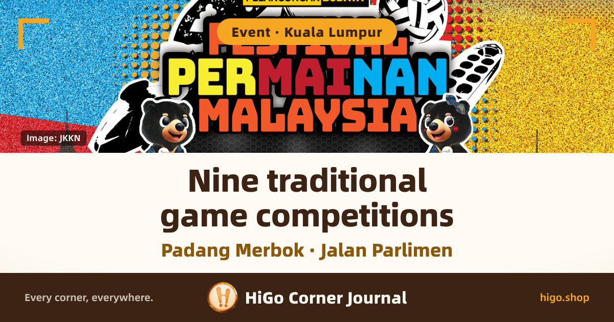 The top half of the official poster: the colourful lettering FESTIVAL PERMAINAN MALAYSIA over a graffiti background, a Malayan sun bear mascot on either side, and the Kuala Lumpur skyline in silhouette behind; HiGo's own lines sit in the warm white band below. Text: a rounded tag at the top reading Event · Kuala Lumpur, the poster's FESTIVAL PERMAINAN MALAYSIA, a credit chip at bottom left reading Image: JKKN, HiGo's headline Nine traditional game competitions, the line below it Padang Merbok · Jalan Parlimen, and a strip at the very bottom reading Every corner, everywhere., HiGo Corner Journal, higo.shop.