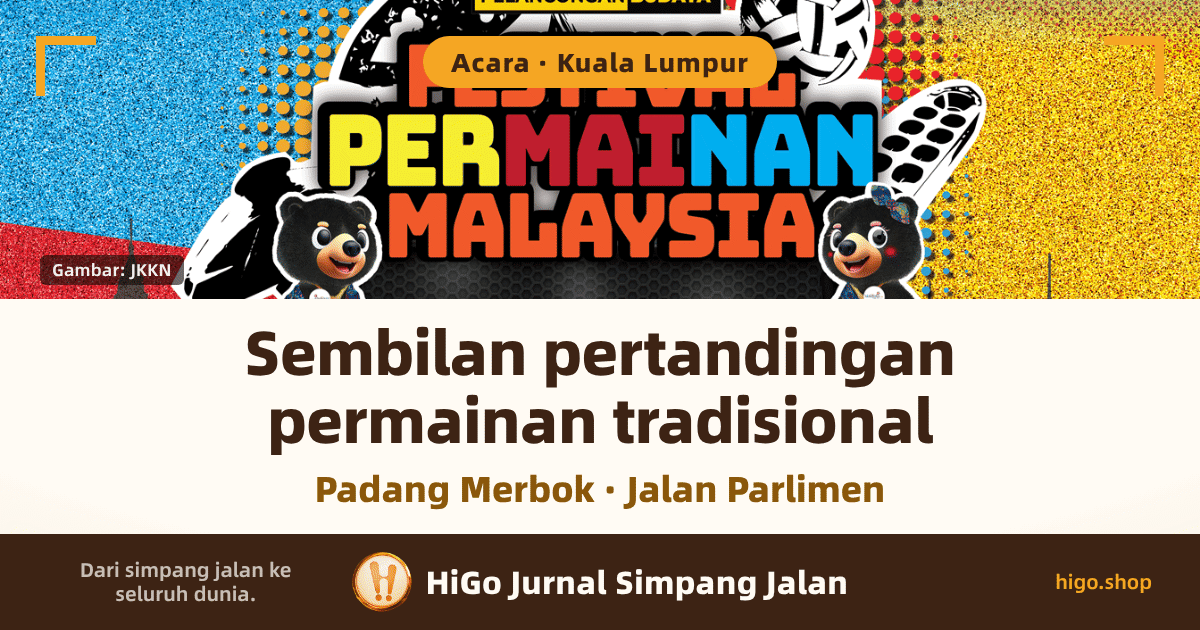 Separuh atas poster rasmi: tulisan berwarna-warni FESTIVAL PERMAINAN MALAYSIA pada latar grafiti, dengan seekor maskot beruang matahari di kiri dan seekor di kanan, dan siluet kaki langit Kuala Lumpur di belakang; baris HiGo sendiri berada dalam jalur putih suam di bawah. Teks: label bulat di atas tertera Acara · Kuala Lumpur, tulisan FESTIVAL PERMAINAN MALAYSIA pada poster, cip kredit di bawah kiri tertera Gambar: JKKN, tajuk besar HiGo Sembilan pertandingan permainan tradisional, baris di bawahnya Padang Merbok · Jalan Parlimen, dan jalur paling bawah tertera Dari simpang jalan ke seluruh dunia., HiGo Jurnal Simpang Jalan, higo.shop.