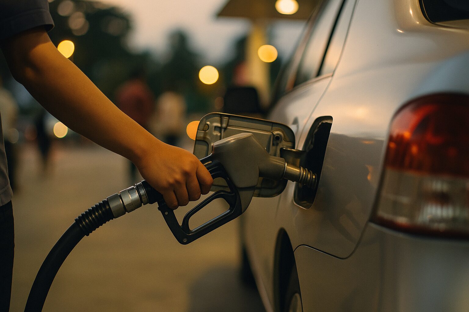 Illustration: at a petrol station at dusk, a hand holds a fuel nozzle inserted into the filler neck of a white car, warm light reflecting off the bodywork, blurred lights behind