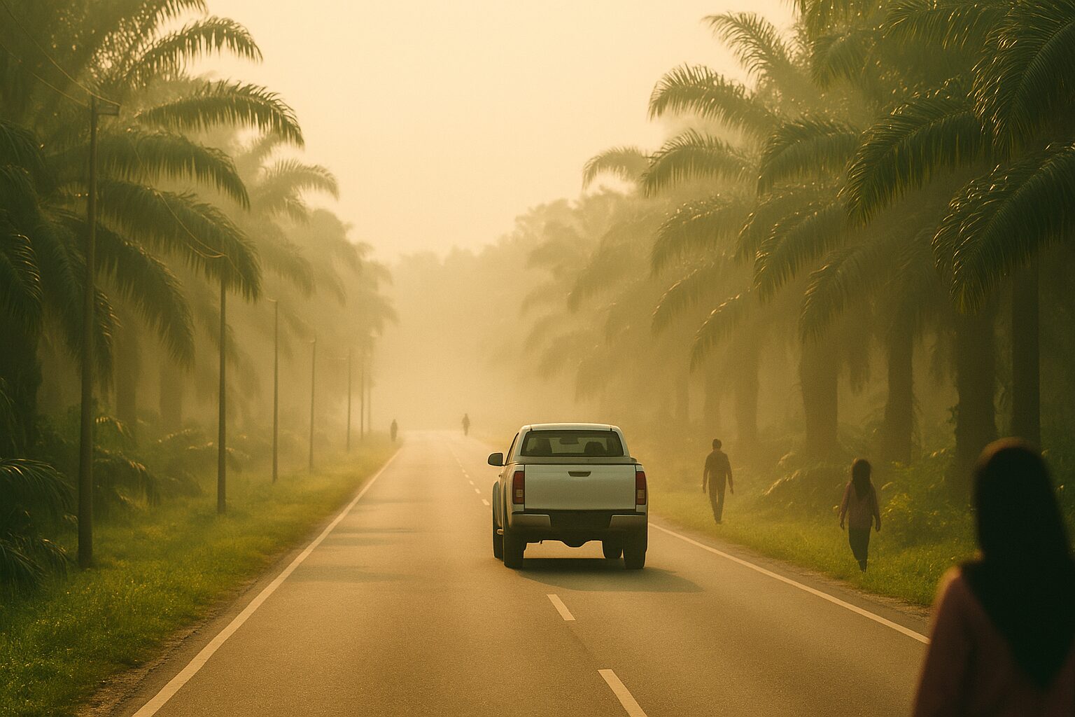 Illustration: a misty two-lane road early in the morning, a white pickup truck driving away into the distance, rows of oil palms on both sides, a few figures walking on the verge with their backs to the camera