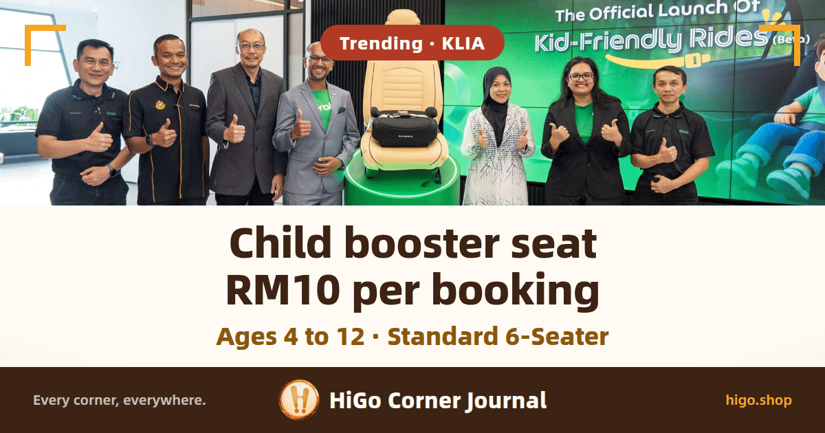 Launch photo: seven people standing indoors in a row, giving a thumbs up; in the middle, a beige car seat on a green cylindrical plinth with a black booster cushion on it; behind them a green screen fills the right-hand side, reading The Official Launch Of Kid-Friendly Rides (Beta), while the left-hand side is a dark interior wall with glass partitions. Text: Trending · KLIA; Child booster seat RM10 per booking; Ages 4 to 12 · Standard 6-Seater