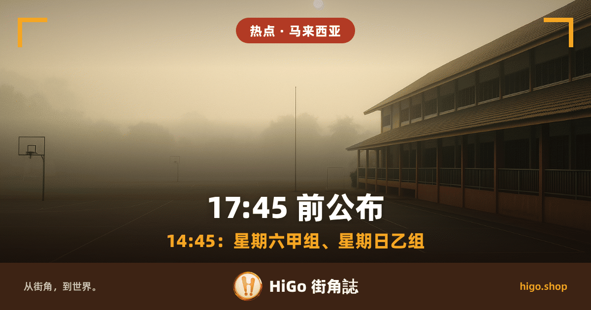 插画：一片空荡的学校操场，柏油地面上有褪色的球场划线，一支光秃秃的旗杆；右边是两层楼校舍，绿色栏杆的有盖走廊，窗都关着；左边两个空的篮球架；远处树木化进灰黄色浓霾，太阳是一个发白的圆盘，一个人也没有；文字：顶上一行「热点 · 马来西亚」，中间大字「17:45 前公布」，下面一行「14:45：星期六甲组、星期日乙组」，最底下「从街角，到世界。」「HiGo 街角誌」「higo.shop」。