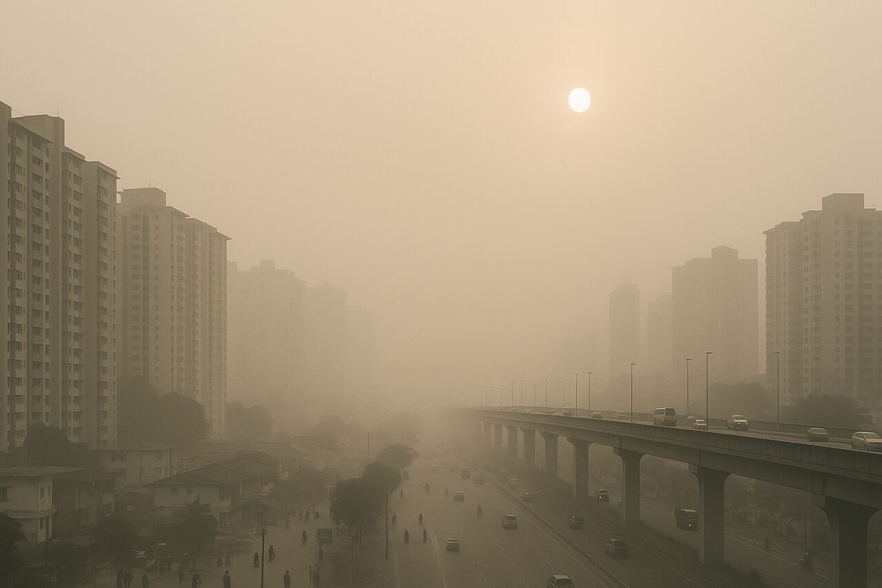 Illustration: a city seen from above under thick haze. On the right an elevated expressway carries traffic, and below it a wide multi-lane road has a few scattered cars and motorcyclists, with tall apartment blocks on both sides and a patch of low old rooftops in the bottom left. The distant towers dissolve into grey-yellow air, and the sun is a pale white disc in the top right.