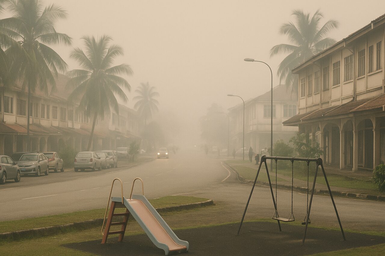 Illustration: a residential street. On the grass in the foreground stand an empty slide and an empty swing set, with two-storey old shophouses and coconut palms on both sides, a row of parked cars on the left, and one car coming towards us with its headlights on in daytime. The street two or three hundred metres away fades into grey-white air.
