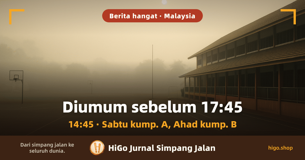 Ilustrasi: padang sekolah yang lengang, dengan garis gelanggang yang pudar di atas tar dan sebatang tiang bendera yang kosong; di sebelah kanan bangunan sekolah dua tingkat dengan lorong berbumbung berpagar hijau dan semua tingkap tertutup; di sebelah kiri dua tiang bola keranjang yang kosong; pokok di kejauhan lenyap dalam jerebu tebal kelabu kekuningan, matahari sebiji cakera putih pucat, dan tiada seorang pun. Teks: baris paling atas tertulis 'Berita hangat · Malaysia', tajuk besar tertulis 'Diumum sebelum 17:45', baris di bawahnya tertulis '14:45 · Sabtu kump. A, Ahad kump. B', dan di bawah sekali tertulis 'Dari simpang jalan ke seluruh dunia.', 'HiGo Jurnal Simpang Jalan', 'higo.shop'.