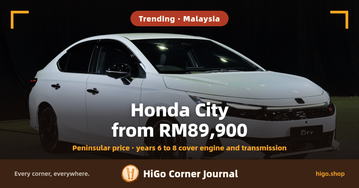 Cover text: a tag at the top reading “Trending · Malaysia”; “Honda City from RM89,900” in large type, and under it “Peninsular price · years 6 to 8 cover engine and transmission”. Behind the words, a studio photograph of a white new Honda City seen from a front three-quarter angle against a dark backdrop, with a display board reading NEW CITY where the number plate would be, and nobody in frame