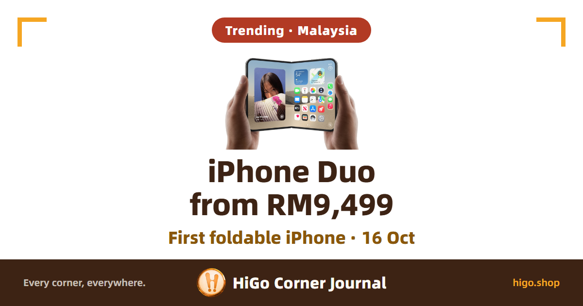 Two hands holding an unfolded iPhone Duo, with the headline iPhone Duo from RM9,499