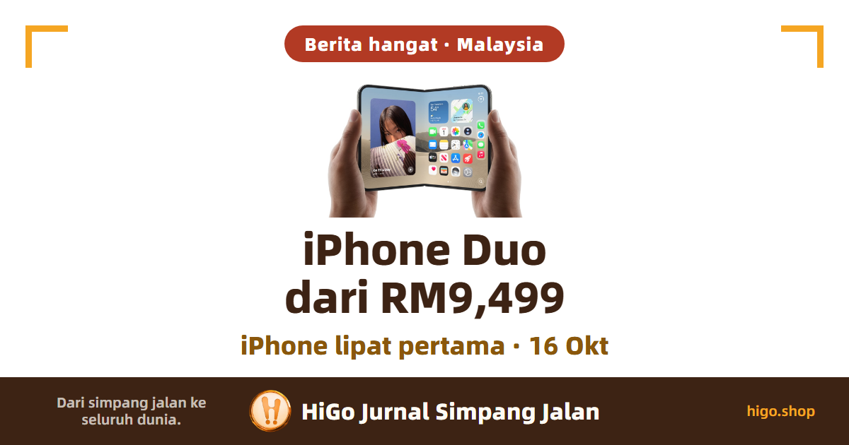 Dua tangan memegang iPhone Duo yang dibuka, dengan tajuk iPhone Duo dari RM9,499