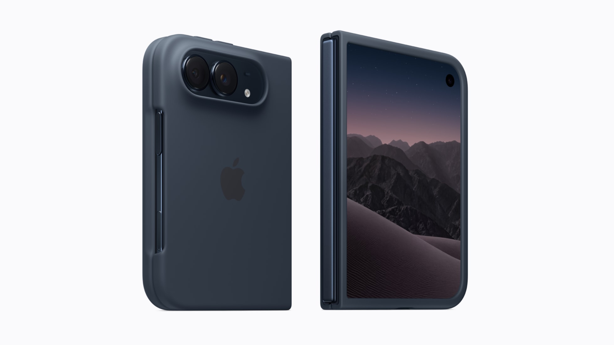 Gambar produk berlatar putih: di kiri, sebuah iPhone Duo tertutup dalam sarung biru tua, nampak bahagian belakang dengan dua lensa dan logo Apple; di kanan, telefon yang sama tertutup dilihat dari depan, menunjukkan skrin luar dengan gunung dan bukit pasir berwarna kelabu keunguan.