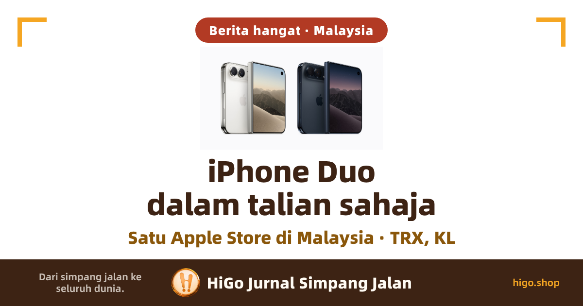 Bahagian atas ialah gambar produk rasmi: dua unit iPhone Duo berdiri bersebelahan, satu putih di kiri dan satu biru tua di kanan, masing-masing separuh menunjukkan dua lensa belakang dan separuh menunjukkan skrin dengan gunung dan bukit pasir; bahagian bawah ialah teks. Teks: label bulat bertulis “Berita hangat · Malaysia”; di tengah, tulisan besar “iPhone Duo dalam talian sahaja”, dan di bawahnya satu baris “Satu Apple Store di Malaysia · TRX, KL”; jalur gelap di kaki bertulis “Dari simpang jalan ke seluruh dunia.”, “HiGo Jurnal Simpang Jalan” dan “higo.shop”.