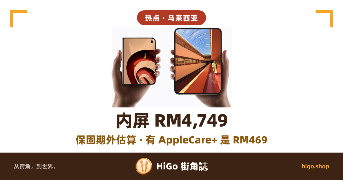 封面是白底产品图，图上加了文字。图里两只手各举着一台 iPhone Duo：左边合上的一台露出比较小的外屏，屏上是俯视螺旋楼梯的照片，右上角有一个圆形前置镜头孔，机身左侧看得到折起来的另一半；右边展开的一台是一整块更大的竖向屏幕，屏上是一条拱形玻璃顶棚的长廊，有一个人正走过来。文字：顶部深红色圆角标签「热点 · 马来西亚」，中间深褐色大字「内屏 RM4,749」，下面一行金色字「保固期外估算 · 有 AppleCare+ 是 RM469」，最底下一条深褐色横条写着「从街角，到世界。」「HiGo 街角誌」「higo.shop」。