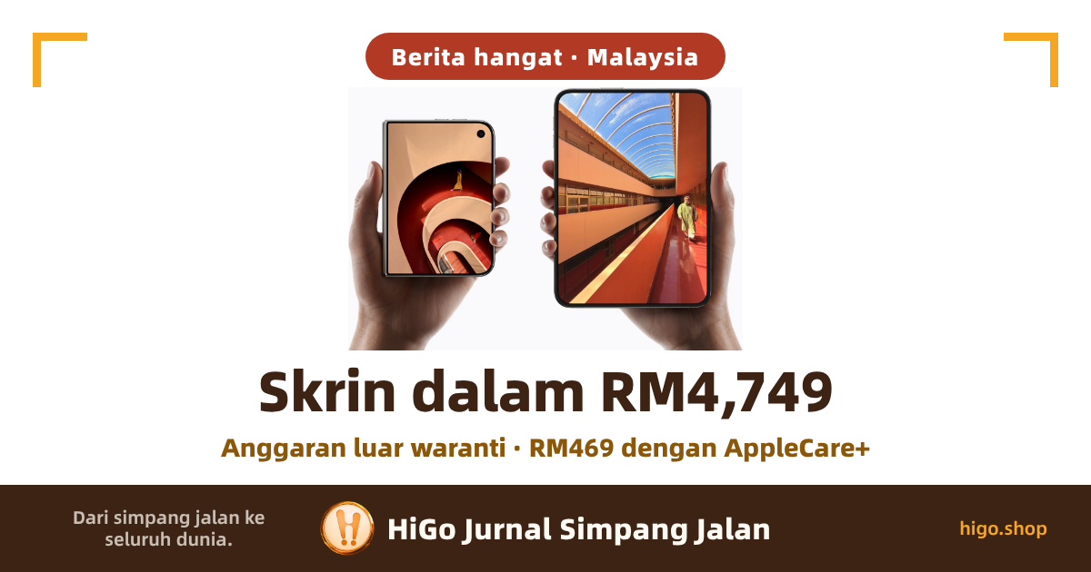 Imej muka depan: gambar produk berlatar putih dengan teks bertindan. Dua tangan masing-masing memegang sebuah iPhone Duo: yang tertutup di kiri menunjukkan skrin luar yang lebih kecil, dengan gambar tangga lingkaran dilihat dari atas, lubang kamera depan bulat di penjuru kanan atas dan separuh lagi yang terlipat kelihatan di sisi kirinya; yang terbuka di kanan ialah satu skrin menegak yang lebih besar, menunjukkan lorong panjang beratap kaca melengkung dengan seseorang sedang berjalan ke arah kamera. Teks: label bulat merah gelap di atas "Berita hangat · Malaysia", tajuk besar coklat gelap "Skrin dalam RM4,749", baris emas di bawahnya "Anggaran luar waranti · RM469 dengan AppleCare+", dan jalur coklat gelap di kaki gambar "Dari simpang jalan ke seluruh dunia." "HiGo Jurnal Simpang Jalan" "higo.shop".