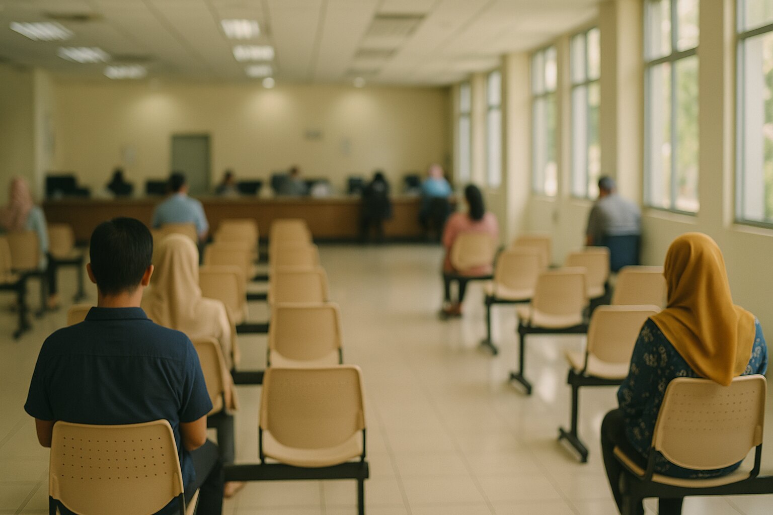 AI-generated image: a government service hall in the morning, several people seated in rows of chairs with their backs to the camera waiting for their number, staff behind the counters and someone standing at a counter being served, a few white notices on the wall too blurred to read, daylight coming through high windows, no readable signage text and no logos