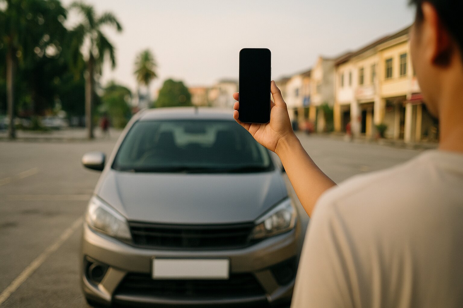 AI-generated image: an open-air car park on a bright day, a person seen from behind holding up a phone towards the windscreen of a silver car, the phone screen blank and the number plate left blank, blurred palms and shophouses behind