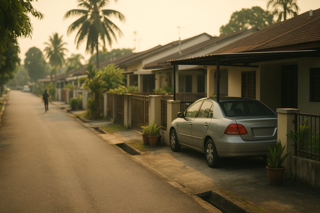 Illustration: a terrace-house street in Malaysia early in the morning, a silver saloon parked under its own metal carport, the number plate at the back of the car blank, potted plants along the boundary wall, an open roadside drain and coconut palms, and one blurred figure further off with their back to the camera