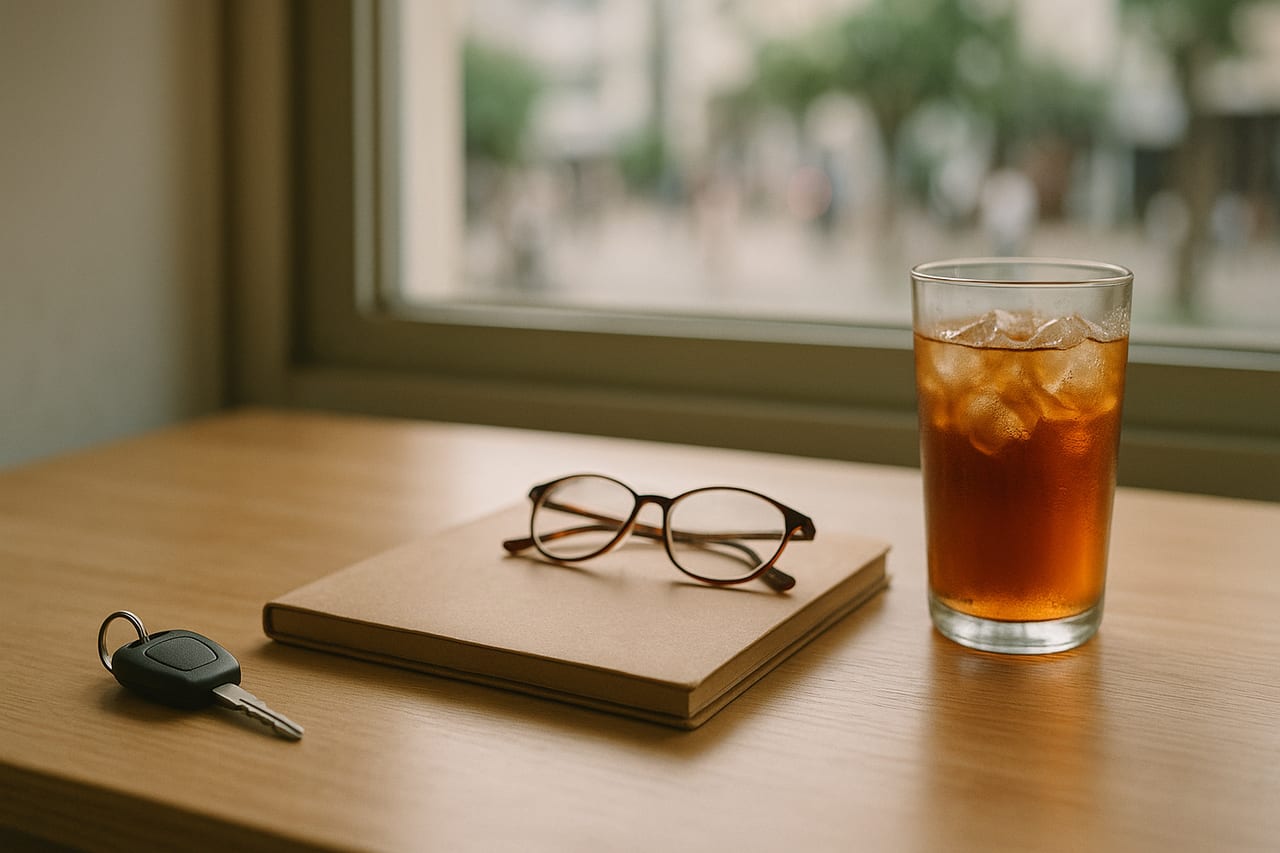 Illustration: a light wood table by a window holding a car key, a closed buff document folder with a pair of glasses resting on it, and a glass of iced tea, with a blurred street scene outside