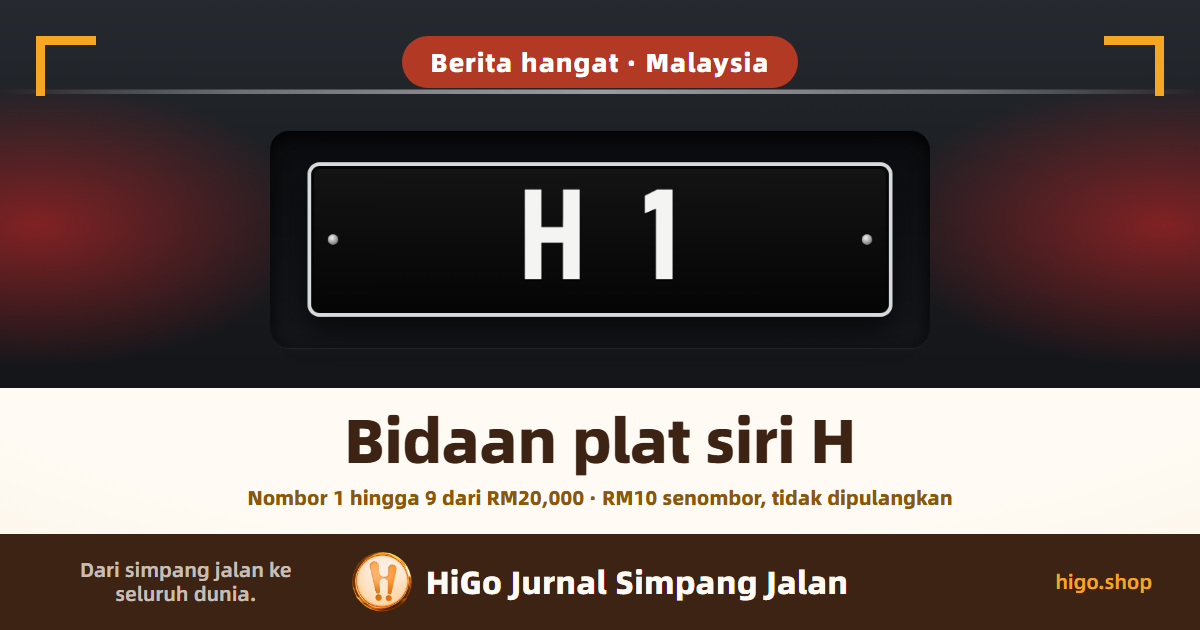 Ilustrasi: bahagian belakang kereta dengan plat nombor hitam bertulisan putih “H 1”; tajuk: bidaan plat siri H, dengan satu baris di bawah: nombor 1 hingga 9 dari RM20,000 · RM10 senombor, tidak dipulangkan