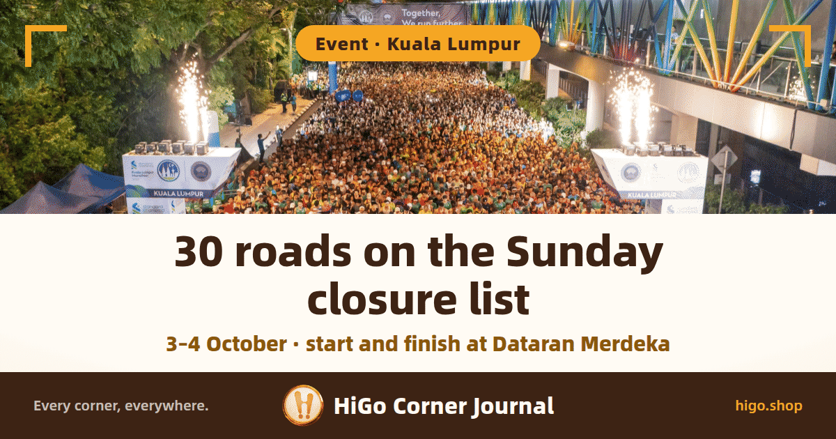 A night aerial view of a closed Kuala Lumpur road packed with runners waiting to start, cold pyrotechnics either side of the start gantry, a banner reading Together, We run further in the distance and a pedestrian bridge on the right. Text: 30 roads on the Sunday closure list; below: 3-4 October · start and finish at Dataran Merdeka