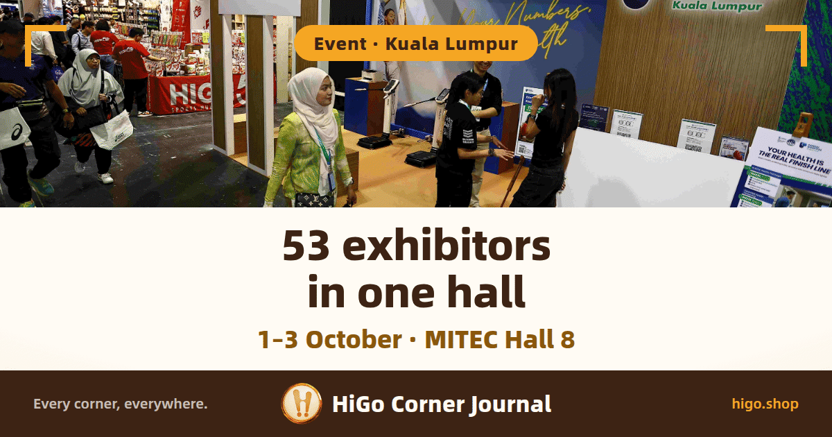 Visitors walk down an aisle at the expo carrying shopping bags, past a health-screening stand with a row of HIGH5 flags behind it; text: 53 exhibitors in one hall, second line: 1–3 October · MITEC Hall 8