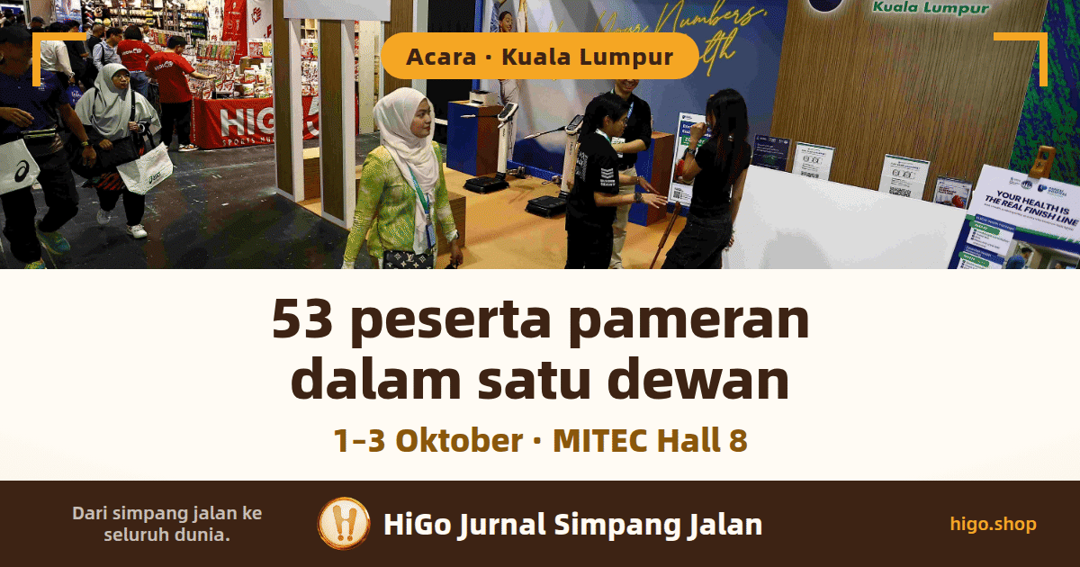 Pengunjung berjalan di lorong pameran sambil membawa beg beli-belah, melalui gerai pemeriksaan kesihatan dengan deretan bendera HIGH5 di belakangnya; teks: 53 peserta pameran dalam satu dewan, baris kedua: 1–3 Oktober · MITEC Hall 8