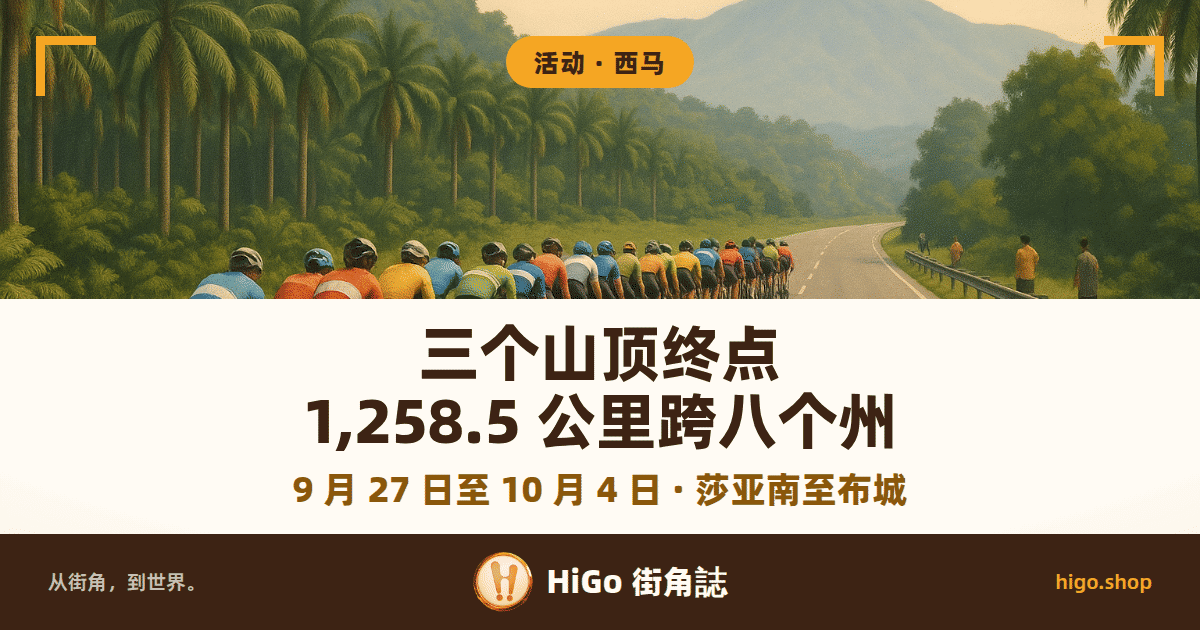插图：一群自行车手从背后看排成一列，沿一条乡间公路骑行；左侧是成排的油棕，远处是石灰岩山与蓝色山脊，右侧护栏外站着几个观众；文字：三个山顶终点 1,258.5 公里跨八个州，下面一行：9 月 27 日至 10 月 4 日 · 莎亚南至布城