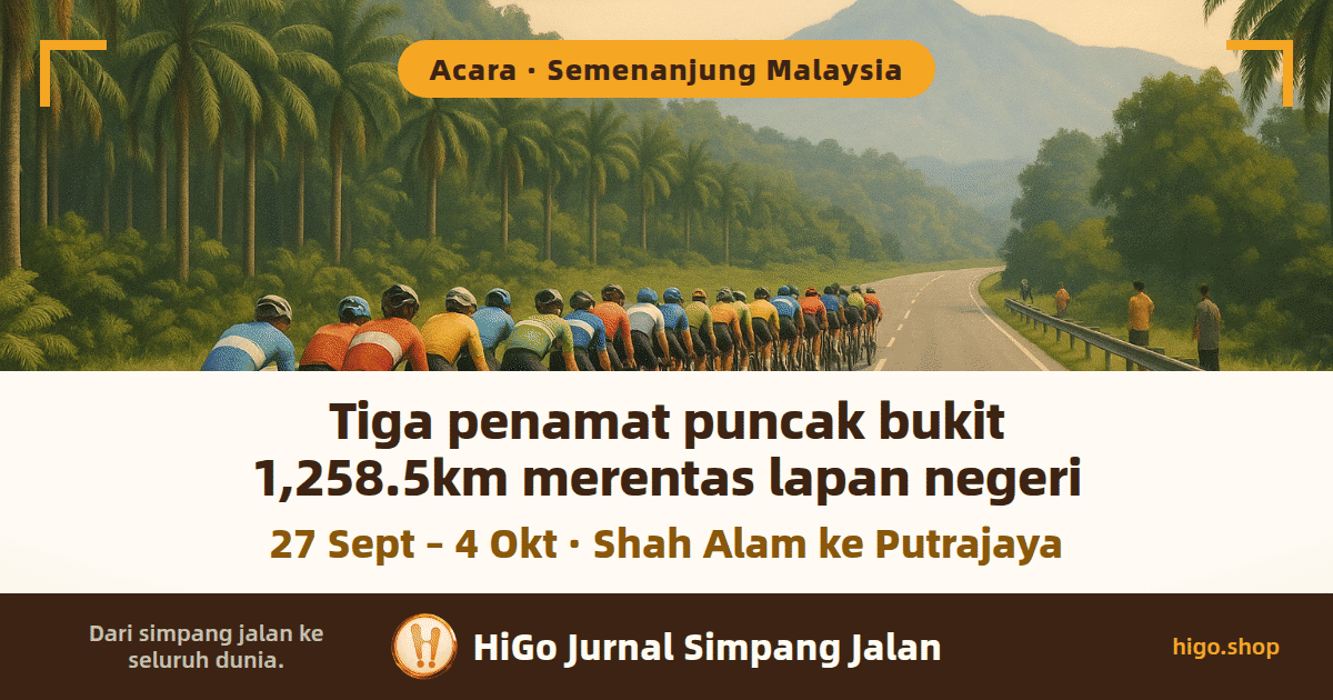 Ilustrasi: sekumpulan pelumba basikal dilihat dari belakang, beriringan di sebatang jalan raya luar bandar; deretan pokok kelapa sawit di sebelah kiri, bukit batu kapur dan banjaran gunung kebiruan di kejauhan, dan beberapa penonton di belakang penghadang di sebelah kanan; teks: Tiga penamat puncak bukit, 1,258.5km merentas lapan negeri, dan di bawahnya: 27 Sept – 4 Okt · Shah Alam ke Putrajaya