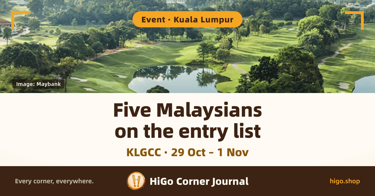 The top of the card is an aerial photograph of Kuala Lumpur Golf & Country Club: striped fairways opening out from the centre, a pond in the middle reflecting the trees, dense trees and pale bunkers around it, another strip of water at the lower right, and woodland with a few buildings in the distance; a gold right-angle bracket sits in each top corner and a dark credit plate in the lower left of the photo. Below it is a warm white text band, and a dark brown brand strip at the foot. Text: a gold rounded chip at the top reads “Event · Kuala Lumpur”, the credit plate reads “Image: Maybank”, two lines of large dark brown type read “Five Malaysians” and “on the entry list”, a gold-brown line below them reads “KLGCC · 29 Oct – 1 Nov”, and the foot strip reads “Every corner, everywhere.”, “HiGo Corner Journal”, “higo.shop”.
