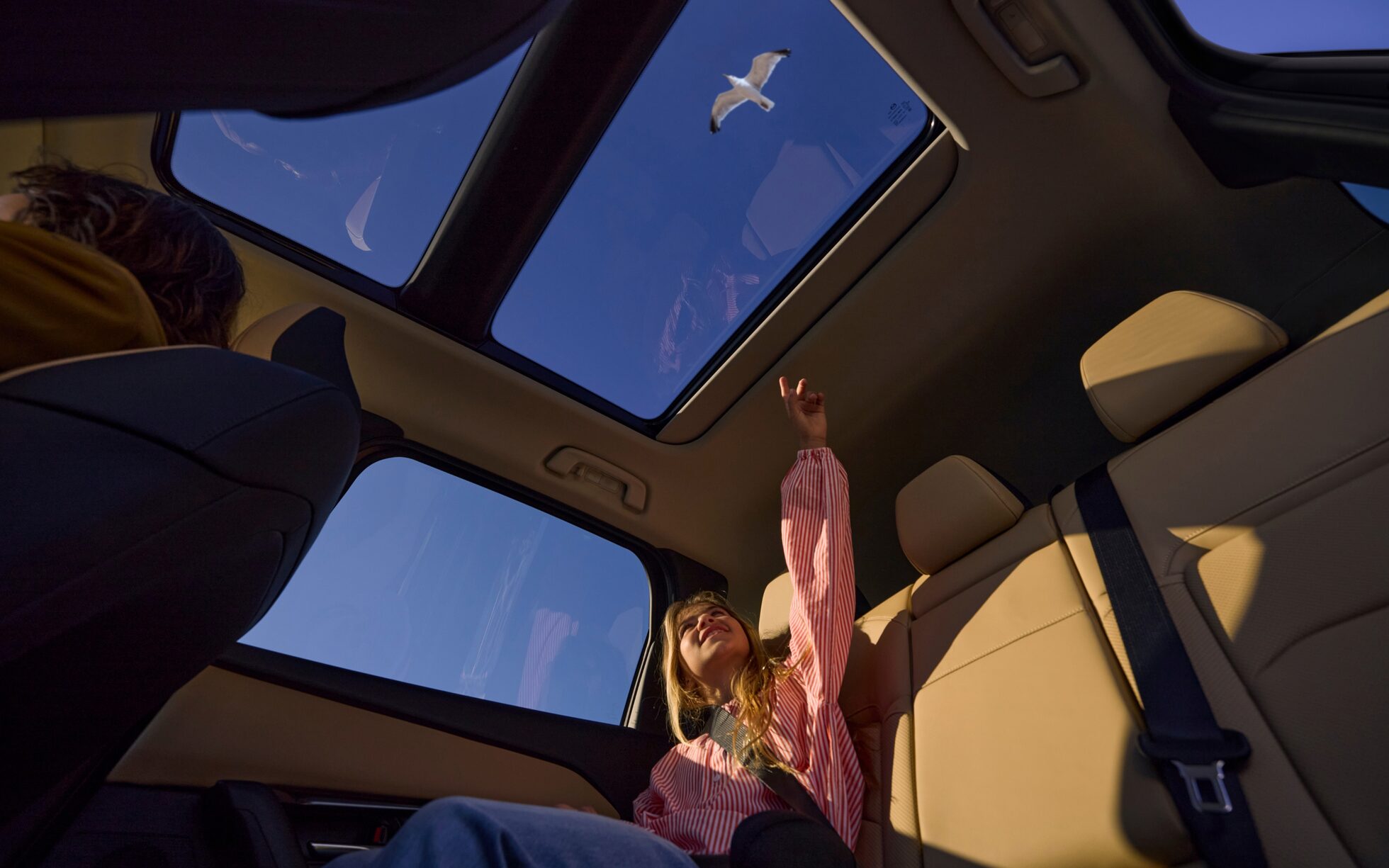 Pandangan dari dalam kereta menghala ke atas pada dua keping cermin sunroof panoramik; di tempat duduk belakang seorang kanak-kanak perempuan berbaju belang merah putih mengangkat tangan menunjuk ke arah seekor burung camar di langit biru, upholsteri kulit warna krim