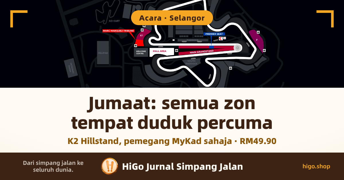 Peta tempat duduk rasmi 2026 Litar Antarabangsa Sepang: garis litar putih pada latar gelap, dengan zon tempat duduk ditanda MARC MARQUEZ TRIBUNE (merah), PREMIER SEAT (biru), MAIN GRANDSTAND (merah gelap), MALL AREA, F, K1, K2, WELCOME CENTRE dan PADDOCK, serta jalan keluar menuju KLIA, Salak Tinggi, Enstek dan Bagan Lalang; teks: label bulat di atas menulis Acara · Selangor, baris besar di tengah menulis Jumaat: semua zon tempat duduk percuma, baris di bawahnya menulis K2 Hillstand, pemegang MyKad sahaja · RM49.90, dan jalur paling bawah menulis Dari simpang jalan ke seluruh dunia., HiGo Jurnal Simpang Jalan, higo.shop.