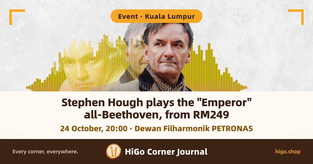 On a mottled pale-grey background, a waveform of dozens of rounded vertical bars runs across the frame, yellow on the left turning orange on the right; in front of it is a half-length portrait of the pianist Stephen Hough, dark grey hair, a fawn overcoat and a patterned scarf, looking off to the right; a yellow-toned portrait of Beethoven is layered behind his left shoulder. Text: Stephen Hough plays the "Emperor"; all-Beethoven, from RM249; 24 October, 20:00 · Dewan Filharmonik PETRONAS