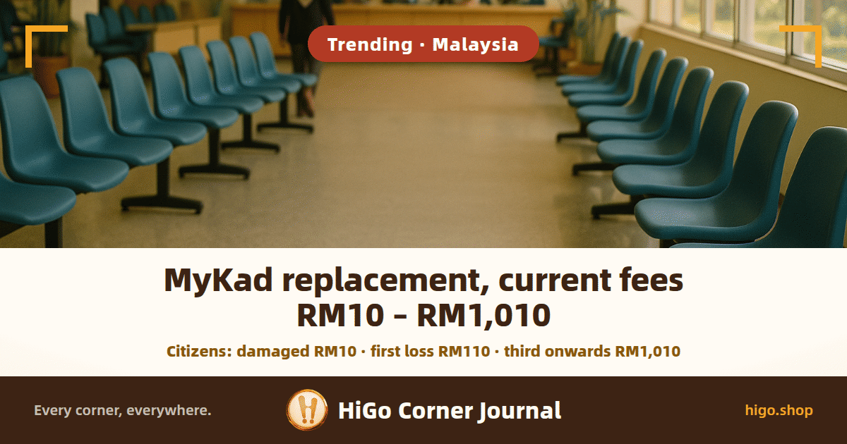Illustration: the waiting area of a government office early in the morning, a walkway with a row of blue-green plastic chairs down each side, a light wood counter at the far end with a single blurred figure seen from behind, and a run of tall windows along the right letting in the morning light; text: MyKad replacement, current fees RM10 – RM1,010, and below it, Citizens: damaged RM10 · first loss RM110 · third onwards RM1,010