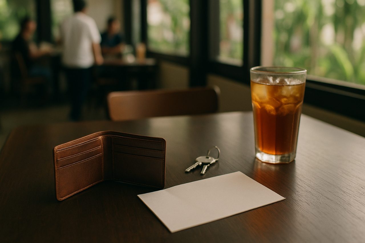 Ilustrasi: sebuah dompet coklat terbuka di atas meja kayu bertepi tingkap, slot kadnya kosong, di sebelahnya seikat kunci, sekeping kertas putih terbentang dan segelas teh ais, dengan tempat duduk kedai dan beberapa orang yang kelihatan kabur di latar belakang