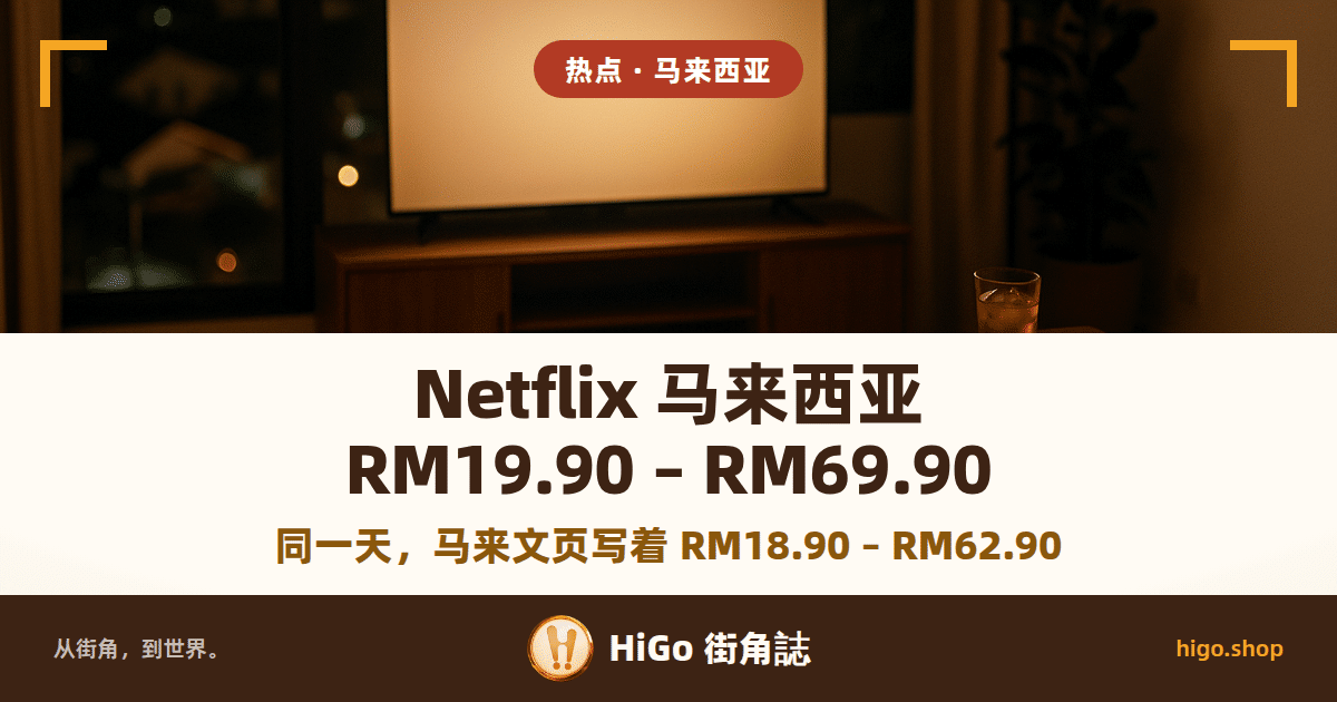 插画:夜里的客厅,沙发对面的电视亮着暖光,屏幕上没有画面;标题:Netflix 马来西亚 RM19.90 – RM69.90,下面一行:同一天,马来文页写着 RM18.90 – RM62.90