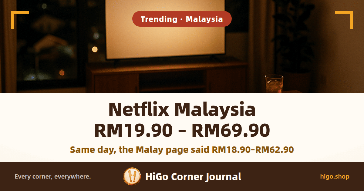 Illustration: a living room at night, the television opposite the sofa glowing with light and no picture on it, with the headline Netflix Malaysia RM19.90 – RM69.90 and, below it, Same day, the Malay page said RM18.90–RM62.90